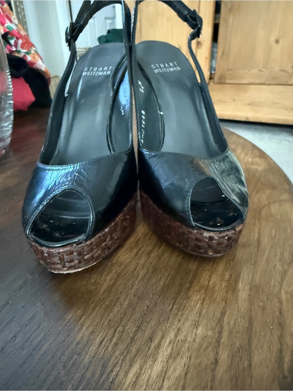Stuart Weitzman Black Patent Leather Slingback Pumps with Woven Brown Platform